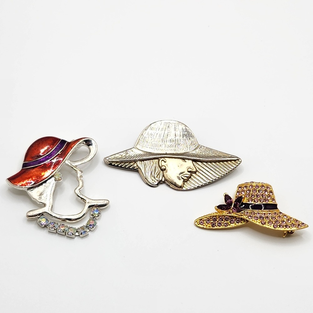 Vintage Style Hat Brooch Lot 3pc Monet Style Rhinestone Enamel Lady Sunhat Pins